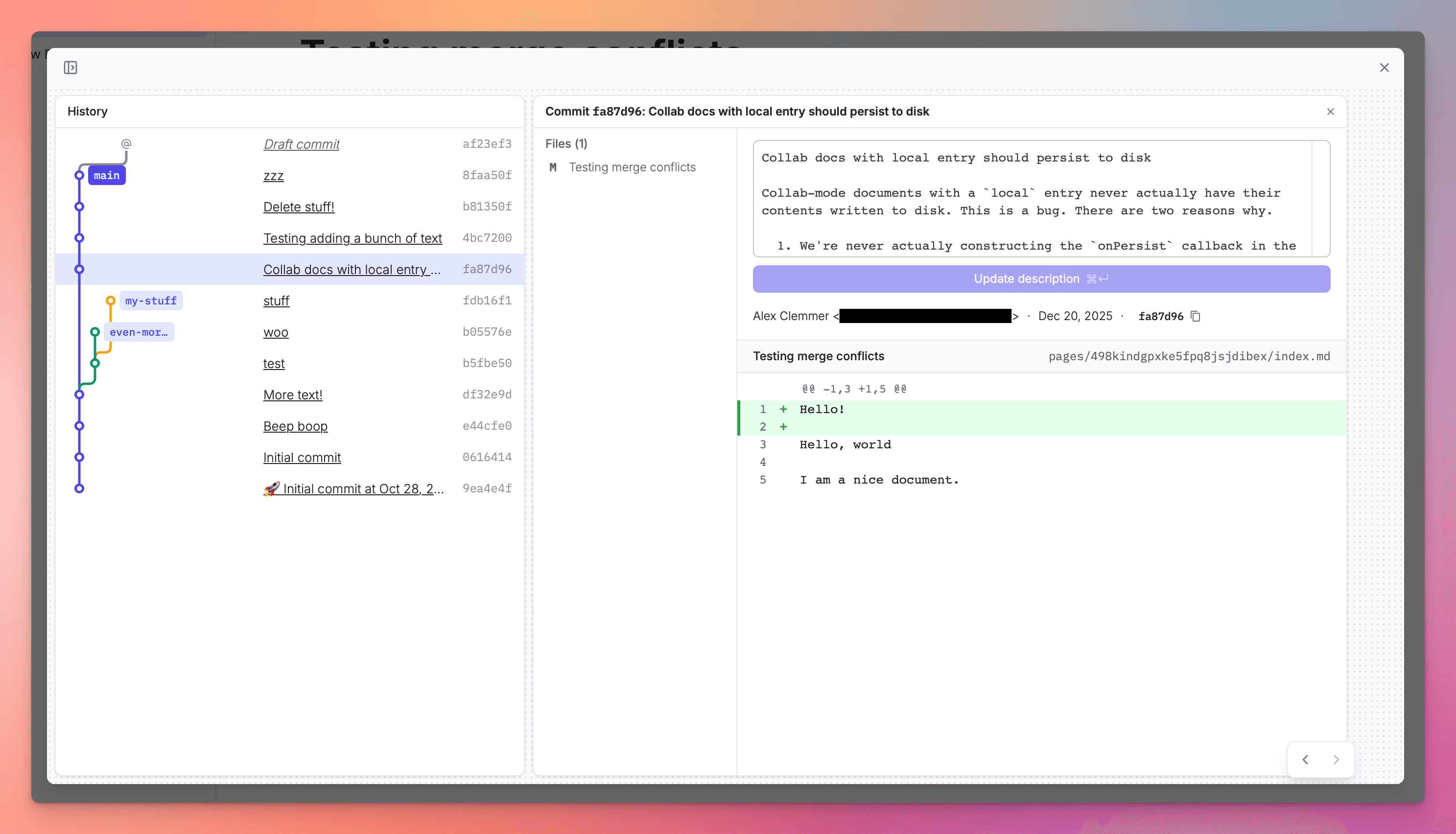 Git and jj branching integration in Moment